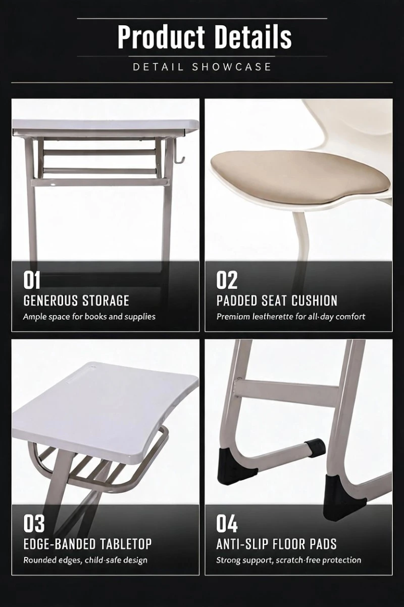 Middle school desk and chair product details featuring generous book storage, padded seat cushion, rounded edge-banded tabletop, and anti-slip floor pads Middle school desk and chair product details featuring generous book storage, padded seat cushion, rounded edge-banded tabletop, and anti-slip floor pads